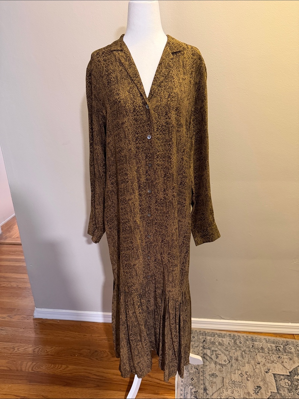 RAILS Long Button-Front Dress in Mustard Brown Print - M